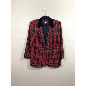 VTG Sag Harbor Womens Wool Blend Plaid Blazer 10P Red Black Academia Preppy 90s